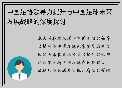 中国足协领导力提升与中国足球未来发展战略的深度探讨